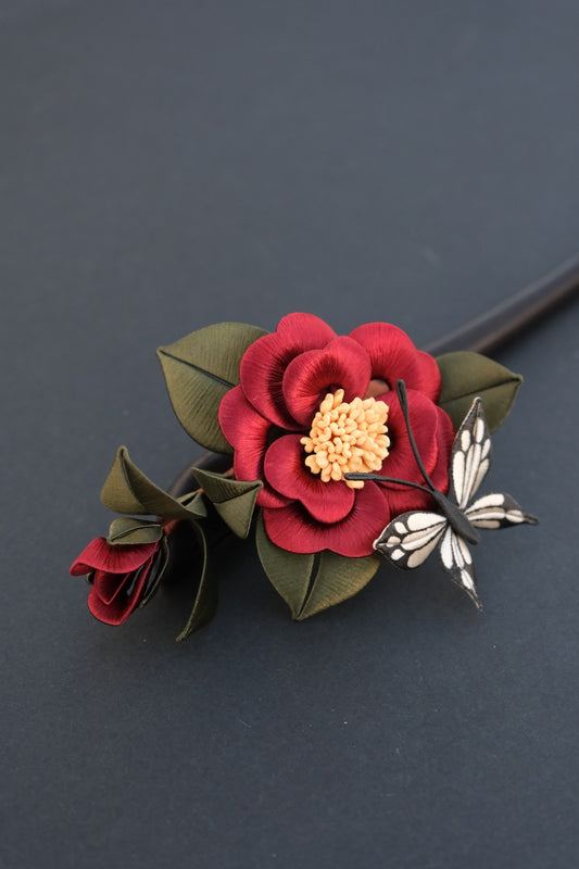 Camellia & Butterfly Sandalwood Hairpin